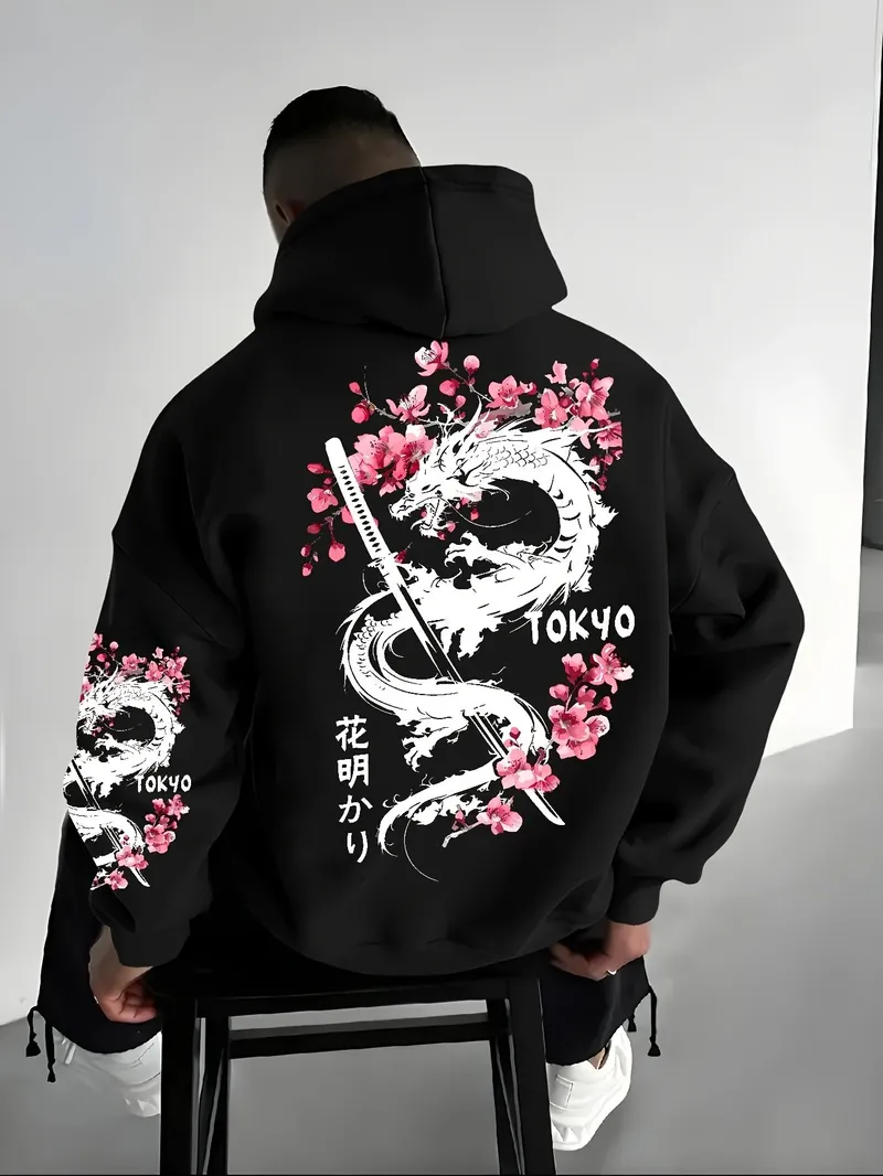 Neues Herren-Sweatshirt mit Kapuze, Anime-Drachen-Kirschblüten-Motiv, Winter-Fleece, warm, lässig, Straße, Komfort, inspiriertes Design, Kapuzenpullover