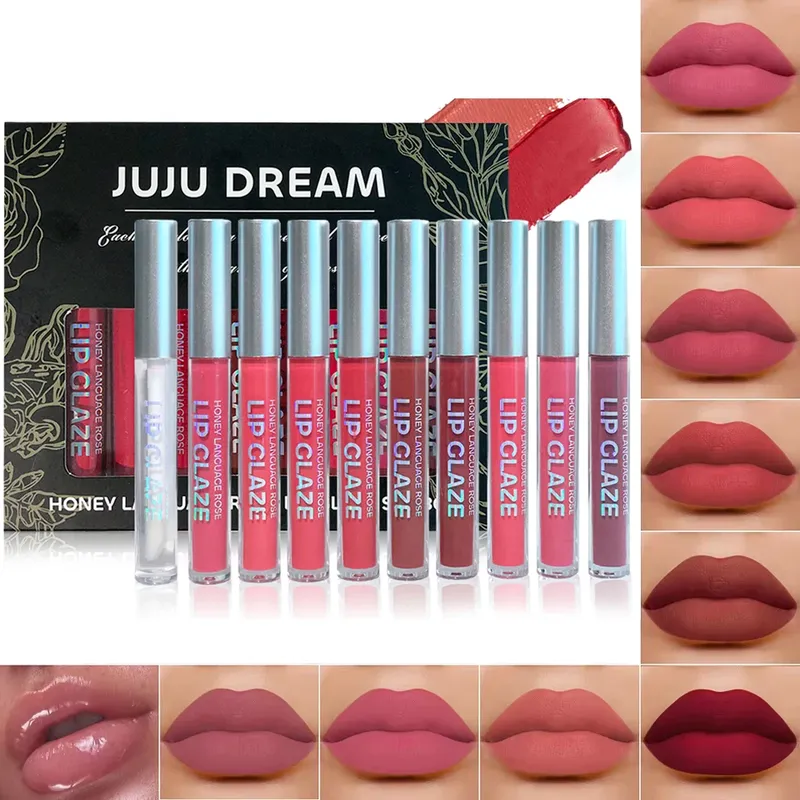 10 Stück/Set Nude Lipgloss Matte Velvet Lipstick – Matte Finish & Langlebig, Samt-Lipgloss-Geschenkbox, Halloween-Bühnen-Make-up