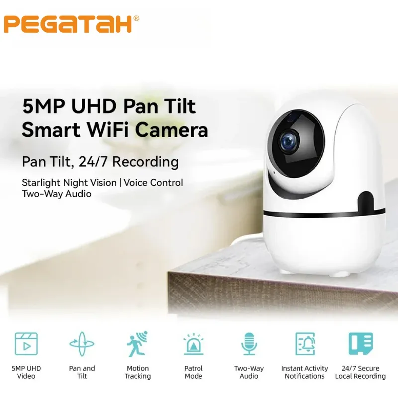 PEGATAH 2K Smart Home Babyphone 360 °   PTZ Automatische Tracking-Kamera mit KI-Erkennung und Nachtsicht für Videoüberwachung