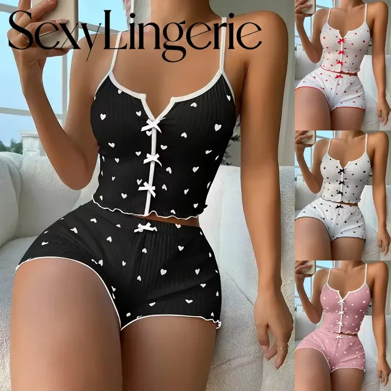 Sexy Nachtwäsche Frauen Pyjamas Set Herz Druck Seide Fleck V-ausschnitt Ärmellose Casual Cami Top und Shorts Sets Hause Anzug Loungewear