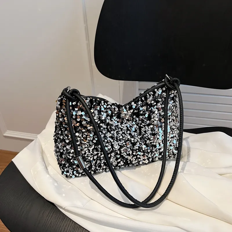 Modische Damen-Schultertaschen mit Pailletten verziert, Schwarz/Silber, für Partys, tägliche Ausflüge, stilvolle, kompakte, trendige Abendtaschen
