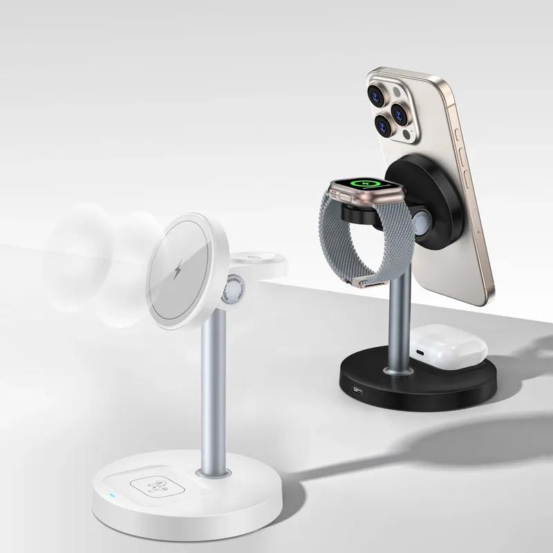 15 W schneller kabelloser Ladeständer, 3-in-1 magnetisches kabelloses Ladegerät für iPhone 12–16-Serie, iWatch und AirPods, einstellbarer Winkel