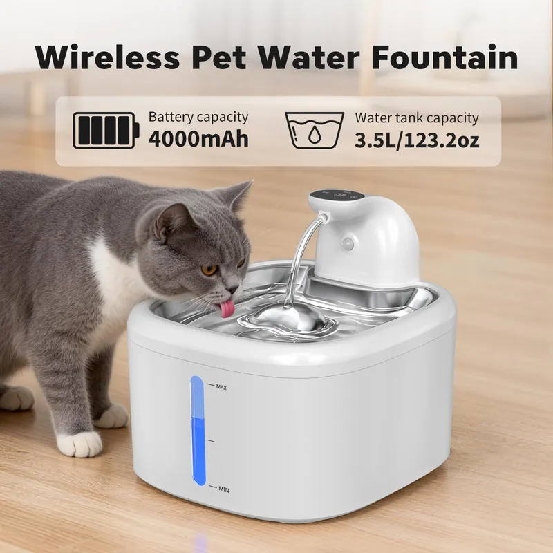 3,5L Katzen-Trinkbrunnen Kabelloser Haustier-Wasserspender mit Edelstahlunterlage 4000mAh Akku Bewegungssensor-Wasserausgabe