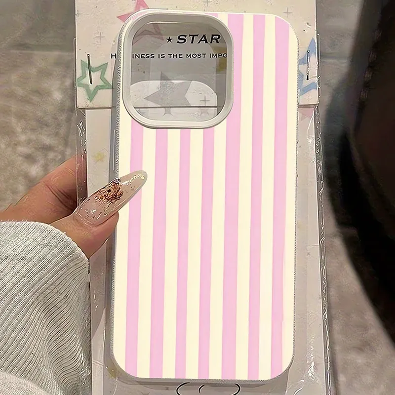 Einfache rosa vertikal gestreifte Lichee-Muster Handyhülle für iPhone 17 16 15 14 13 12 11 Pro Max XS XR X 16E 16 Plus 17 Air Cover