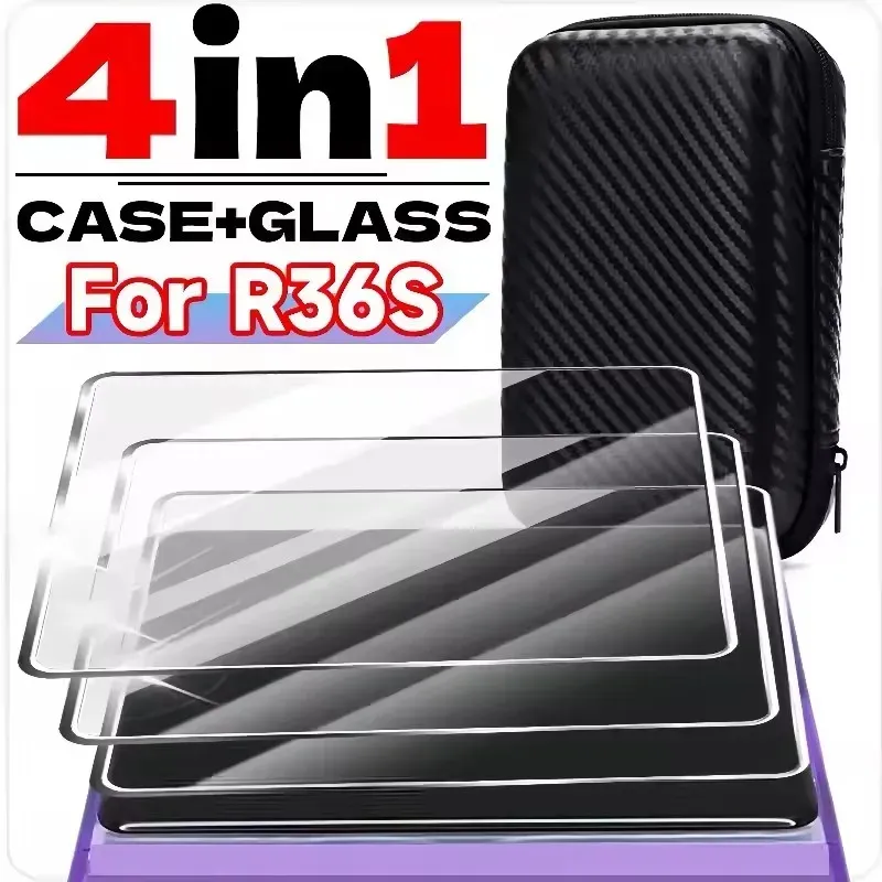 Glas + Tasche für R36S/R35S Displayschutzfolie 9H gehärtetes Glas Film EVA tragbare Aufbewahrungstasche für R36S Konsolenschutz Zubehör