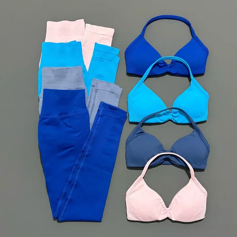 2-teiliges Sport-Set für Damen, Yoga, rückenfrei, Neckholder-BH, hohe Taille, Scrunch, nahtlose Hosen, Sportanzug, Fitnessstudio, Sportbekleidung, Workout-Set