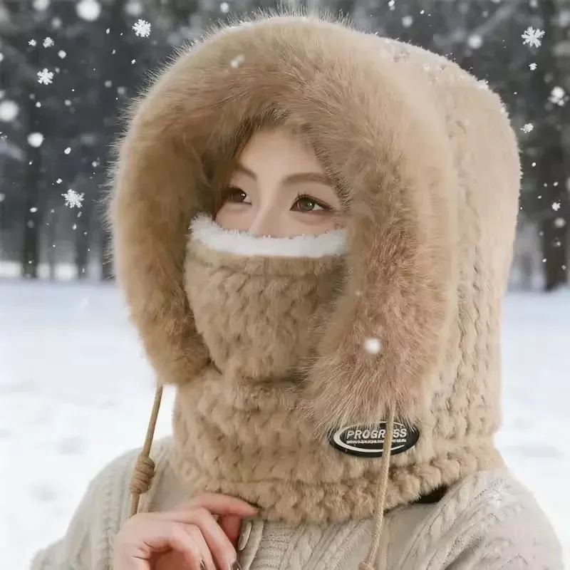 Winter-Reitmütze für Damen, Kapuze, Schal, Maske und Ohrabdeckung, dick, thermisch, winddicht, für Elektroroller, Outdoor, Radfahren, Wärme