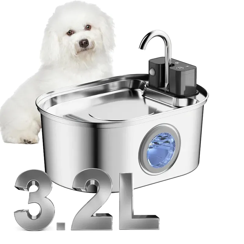 3,2 l kabelloser Haustier-Wasserbrunnen aus Edelstahl, batteriebetriebener Sensor, geräuschlos gefilterter Wasserbrunnen und Filter für Katzen und Hunde