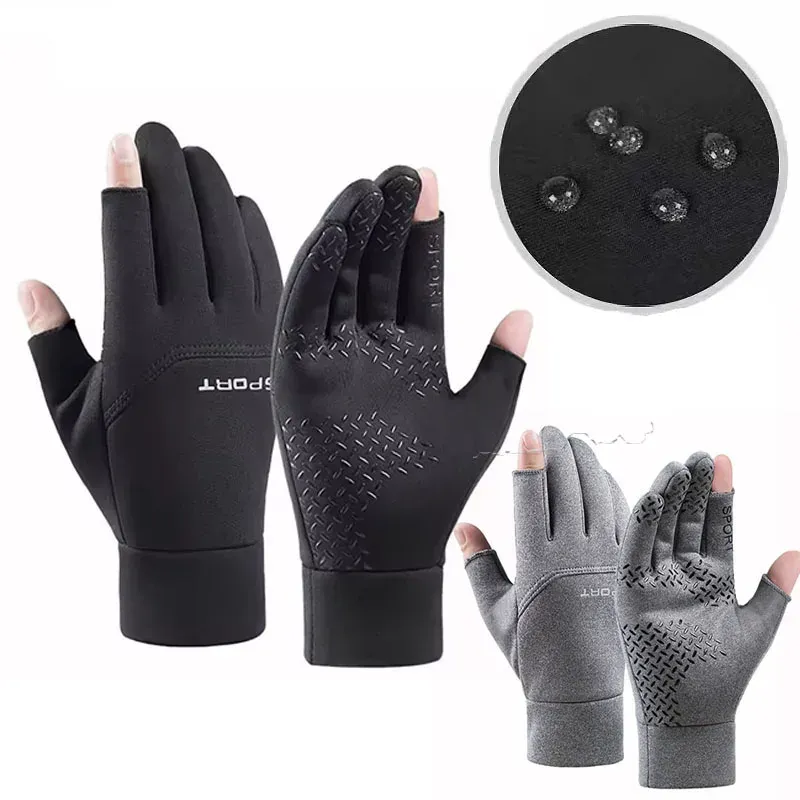 Winter Wasserdichte Angeln männer Handschuhe frauen Radfahren Warme Anti Slip Outdoor Sport Ausgesetzt Zwei Finger Touchscreen Handschuhe