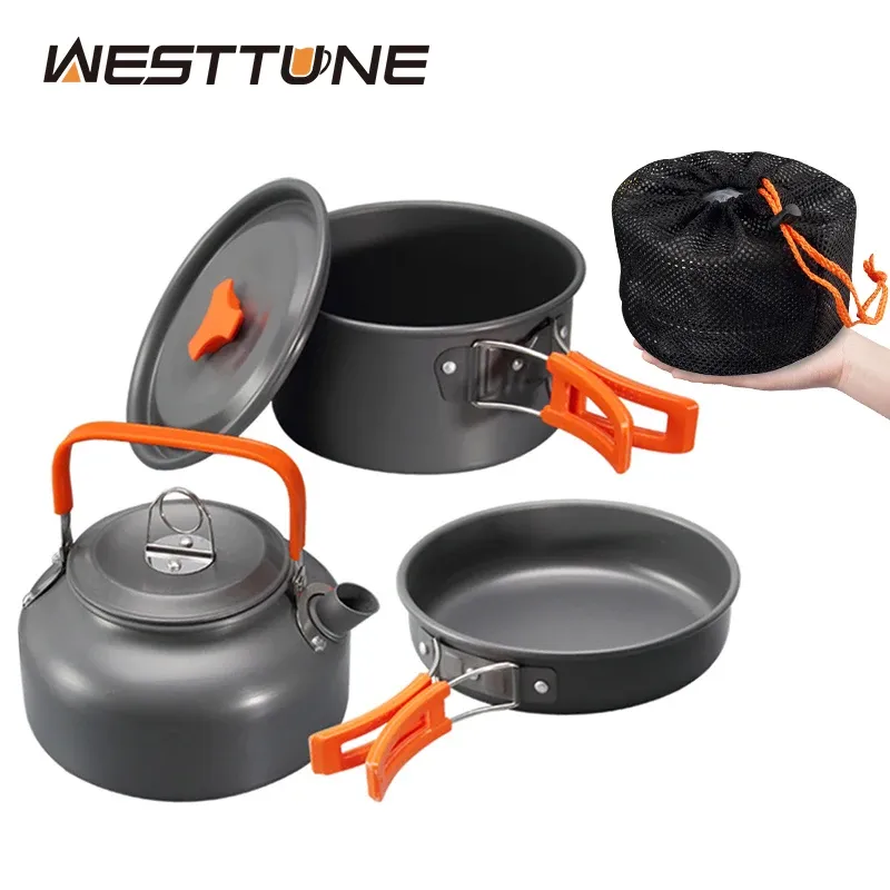 WESTTUNE Camping-Kochgeschirr-Set, Aluminium, für den Außenbereich, tragbares Kochset, Topf, Pfanne, Wasserkocher für Camping, Geschirr, Wandern, Picknick, 3-teilig