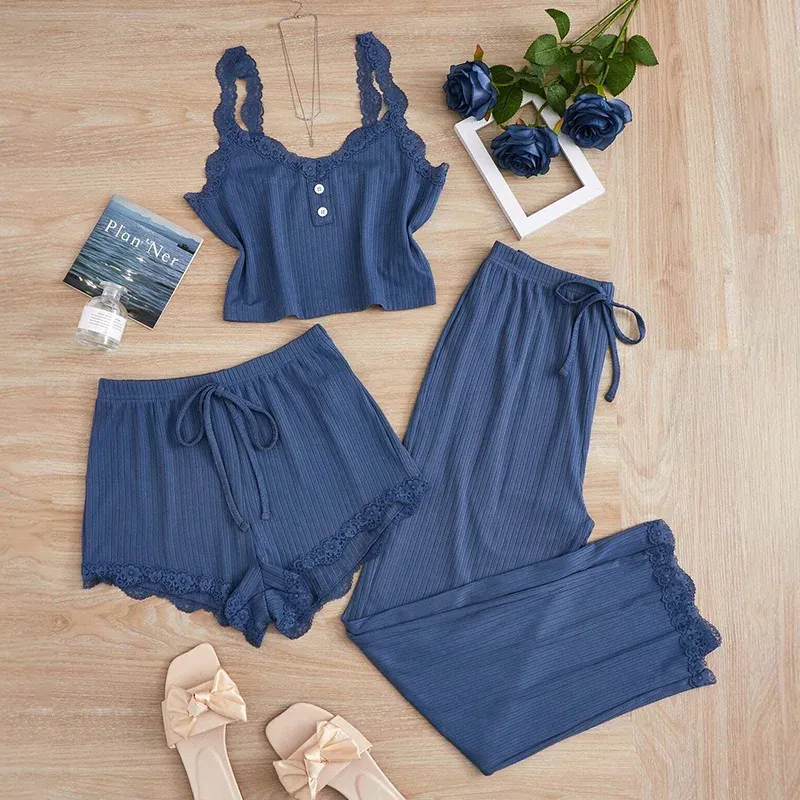 Neue 2025 frauen Sommer 3PCS Pyjama Sets Solide Weste Shorts und Hosen Gepaart mit Spitze Spleißen für Homewear sexy Nachtwäsche Sets