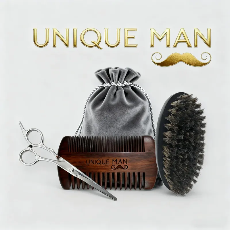 UNIQUE MAN Herren-Bart-Set, schwarzer Bartbürste und Kamm, perfekt für die tägliche Bartpflege und -Styling, ideales Weihnachtsgeschenk