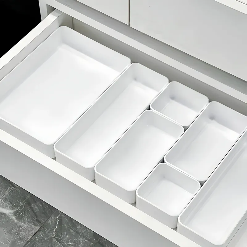 7-teiliges Schubladen-Aufbewahrungsbox-Set für Kleinigkeiten, Trennwände, Organizer, Küche, Badezimmer, Schrank, Schmuck, Make-up, Kosmetik, Tabletts, Behälter