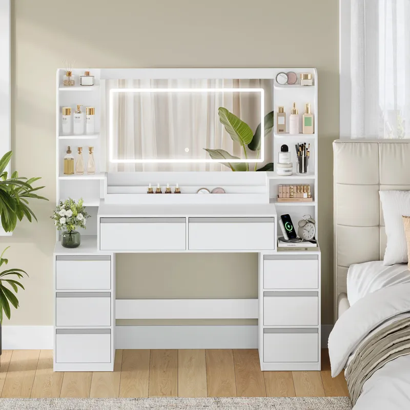 Schminktisch mit großem Spiegel, Schminktisch und Haartrocknerhalter, 8 Schubladen, offenen Fächern, modernes Weiß und Silber