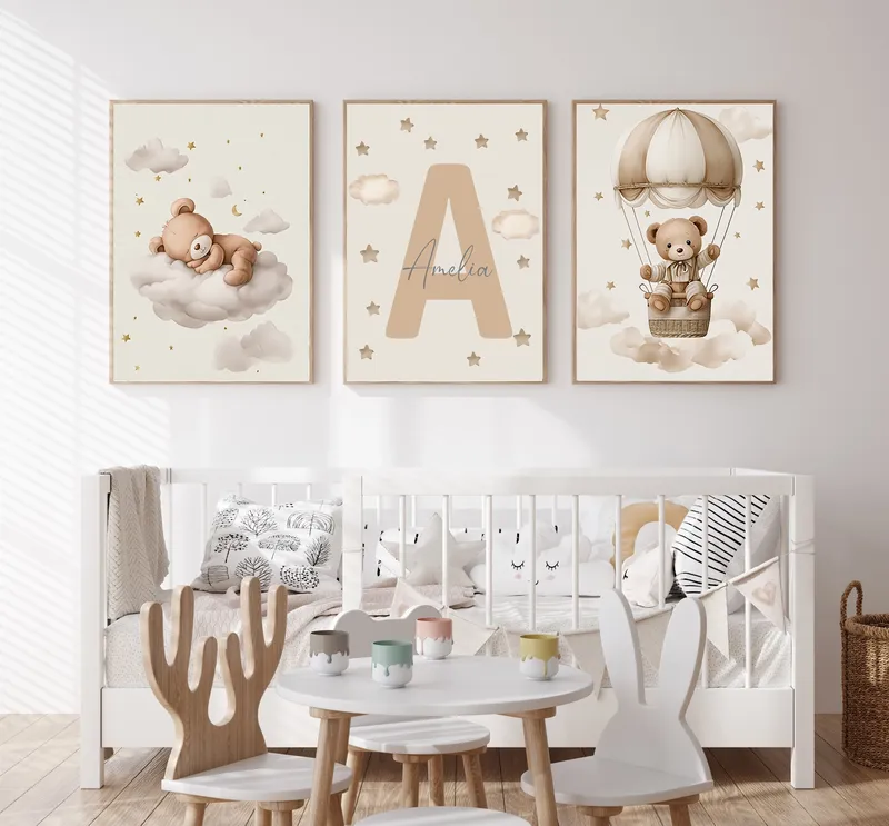 3 teile/satz Böhmischen Teddybär Tier Benutzerdefinierte Baby Name Kindergarten Leinwand Poster Stern Wolke Geburtstag Wand Kunstdruck für Wohnkultur