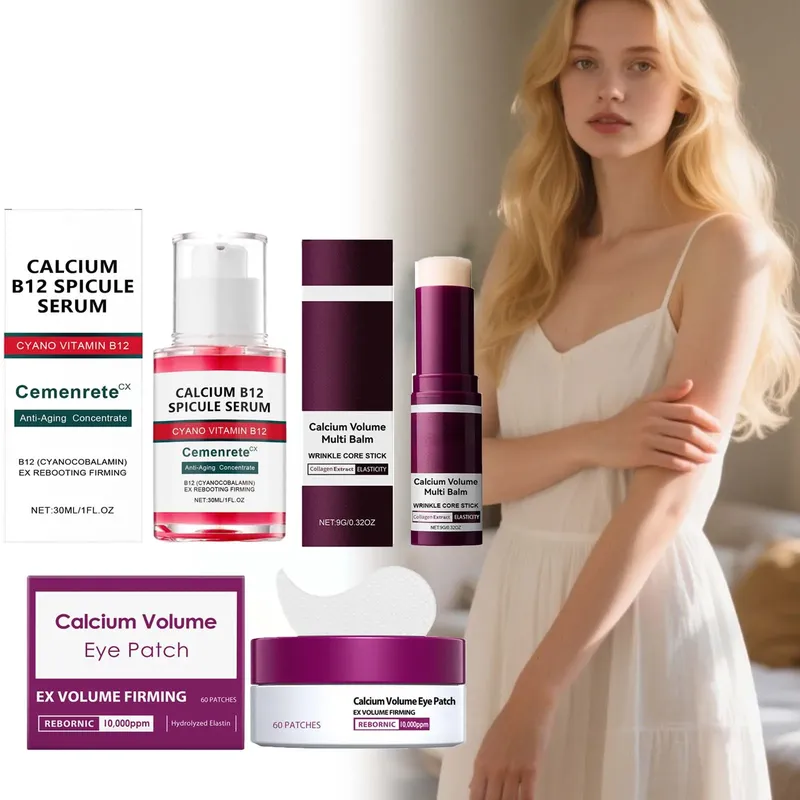 Calcium-Hautpflege-Set, Anti-Aging, Calcium-Volumen, Gesichtsserum, Augenklappen, Multi-Balsam, verblasst feine Linien, reduziert Augenringe, nährt