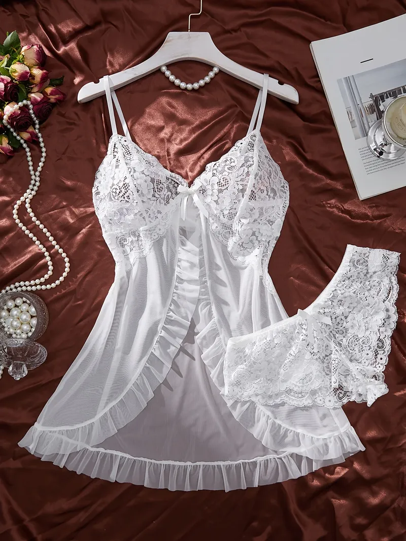 Sexy Kontrast Spitze und Mesh Rüschen Babydoll Kleid Frau Sexy Nachthemd V-ausschnitt Offenen BH Schlaf Rock Nachthemden