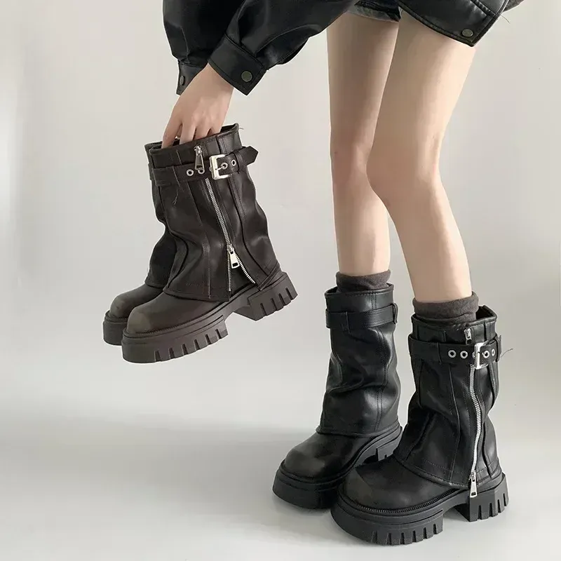 2025 Winter Frauen Biker Stiefel Mode Gürtel Schnalle Damen Elegante Plattform Lange Rohr Booties Casual frauen Kniehohe Booties