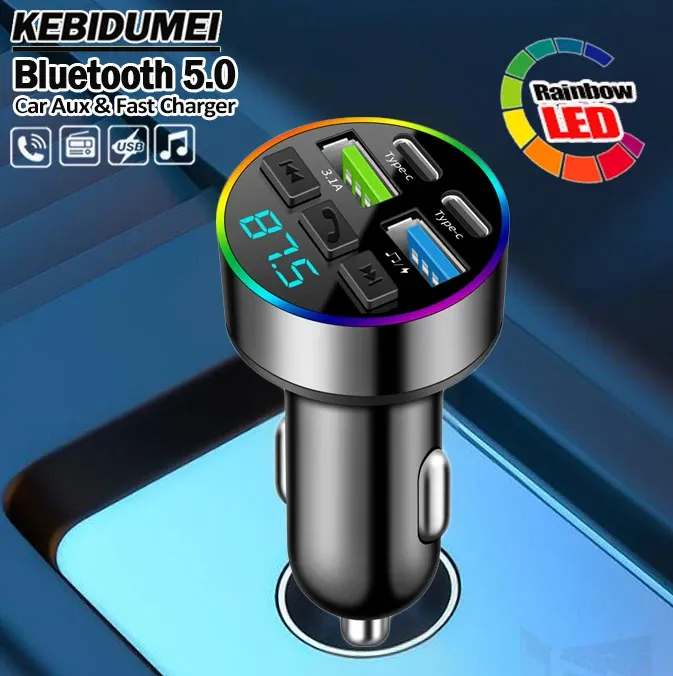 KEBIDUMEI 66 W Schnellladung Bluetooth 5.0 FM-Transmitter 4 Ports (Dual USB + Typ-C) RGB-Umgebungslicht Freisprecheinrichtung Auto-MP3-Player