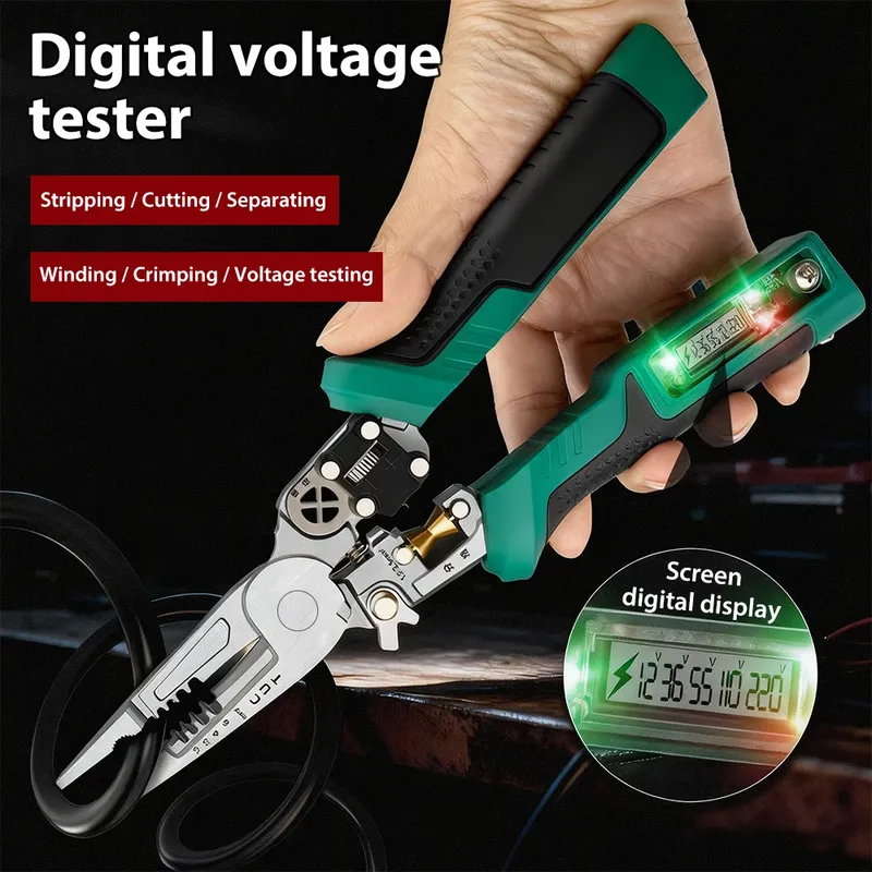 Abisolierzange mit Digitalanzeige, multifunktionaler Spannungsprüfer, Elektrikerzange zum Schneiden/Schälen/Crimpen von Kabeln