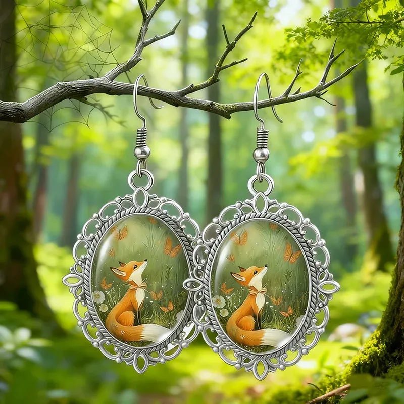Vintage ovale Waldfuchs Kuppel Glas baumelnde Ohrringe für Frauen Waldtier Schmuck Geschenke
