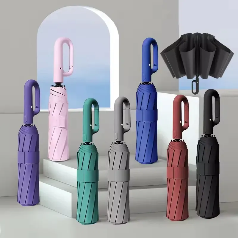 Automatischer Regenschirm für Männer und Frauen, vollautomatisch zusammenklappbar, große Rippe, starker Sonnenschirm, Doppelschirm mit Ringschnallen-Design