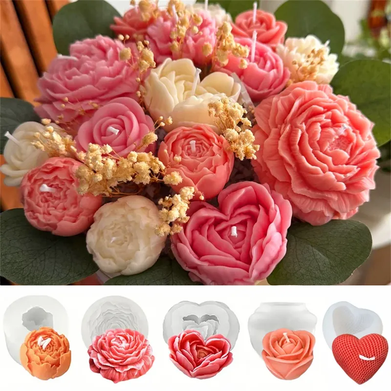 5PCS Floral Silikon Form Set 3D Pfingstrose Rose Herz Blume Form für Duftkerzen Ton Gips DIY Bouquet Valentinstag Dekor