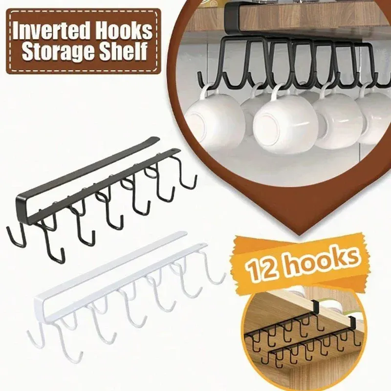 Schrank Lagerung Rack Multifunktionale Kleiderschrank Organisieren Rack 6/12 Haken Küche Tasse Halter Kein Stanzen Lagerung Rack Organizer