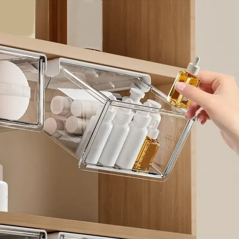 Aufbewahrungsbox im Kunststoff-Schubladen-Stil, selbstklebend, großes Fassungsvermögen, Make-up-Aufbewahrungsbehälter, transparent, platzsparend