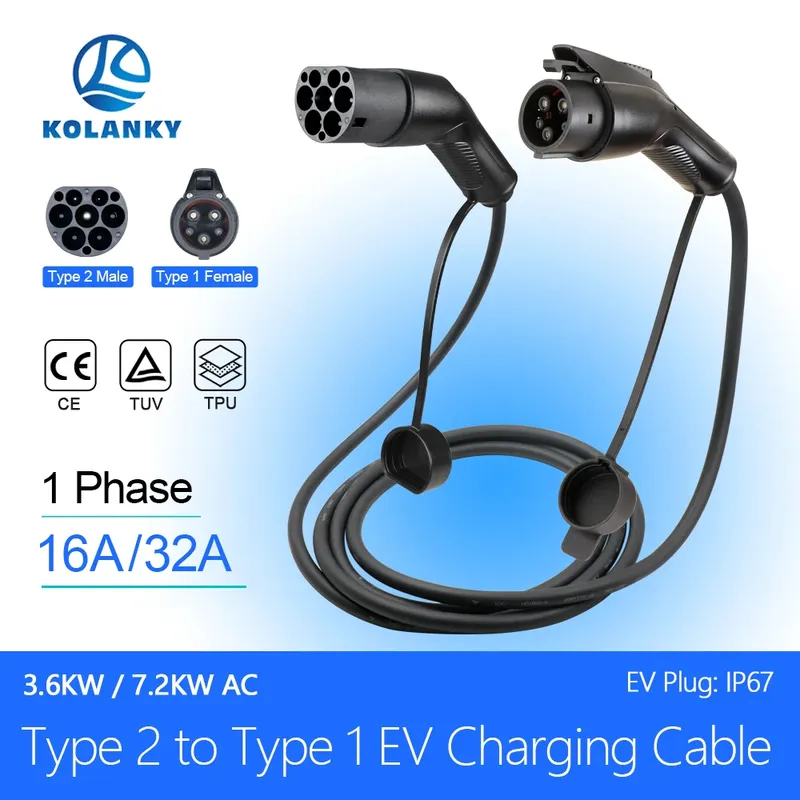 Kolanky 32A 7,2 kW EV-Ladekabel Typ2 auf Typ1-Kabel für Elektrofahrzeugautos 3,5/4 m. Verwenden Sie öffentliche Ladestationen