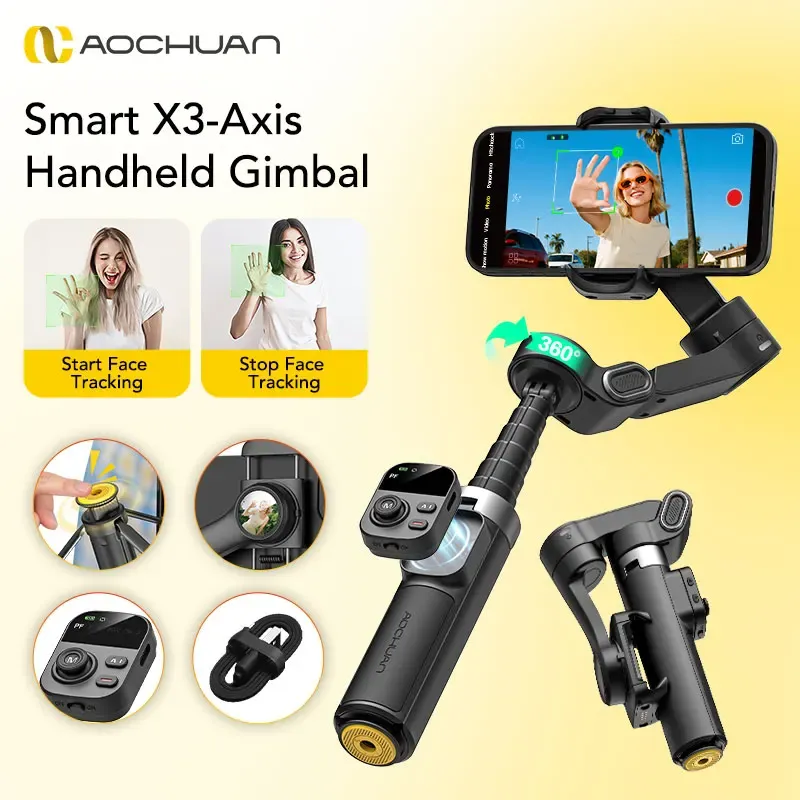 AOCHUAN Smart X3 3-Achsen-Hand-Gimbal-Stabilisator 360 °   Rotierende, abnehmbare Fernbedienung mit integrierter Verlängerungsstange für Smartphones