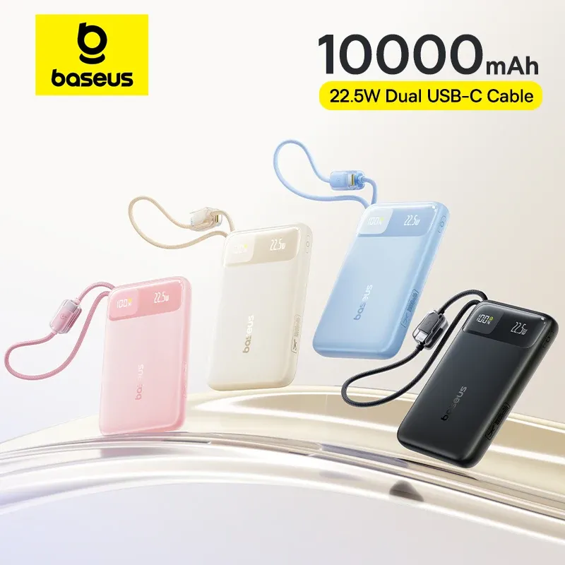 Baseus 10000 mAh Power Bank 22,5 W integriertes Dual-USB-C-Kabel dünner schnelles Aufladen für iPhone 17 Pro Max Samsung S25 Xiaomi Poco
