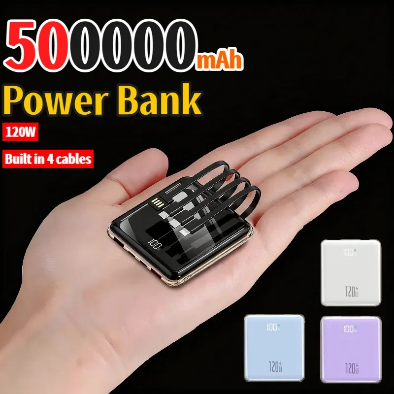 Neue 500000 mAh Mini Power Bank Eingebaute 4 Kabel Große Kapazität Super Schnelle Lade Externe Batterie für IPhone Samsung