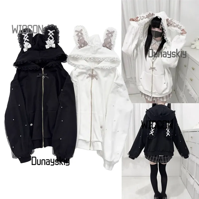 Jirai Kei Japanischer Hase Hoodie Y2K Kaninchenohr Cosplay Kostüme Lolita Jacke Schleife Perle JK Spitze Kawaii Reißverschluss Strickjacke Top