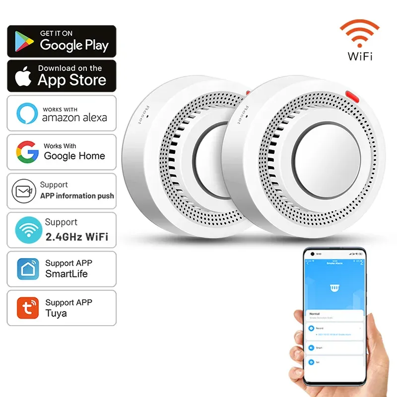 2er-Pack Tuya Smart WiFi Rauchmelder mit Echtzeit-App-Benachrichtigungen Kabelloser Feuermelder Alarm 85dB Lautstärke für Zuhause/Büro