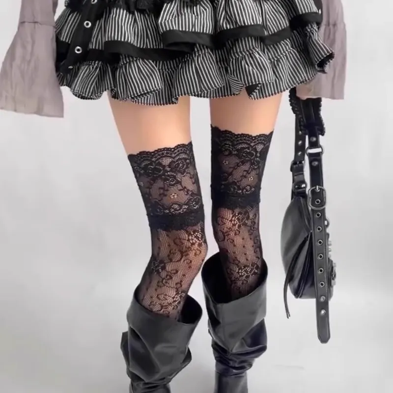  ﻿ Sexy Damenstrümpfe mit Spitze und Blumenmuster, Lolita-Overknee-Strümpfe, Mädchen-Netzstrümpfe, Retro-Mesh-JK-Overknee-Socken