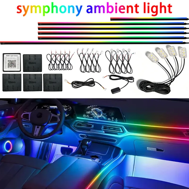 18-in-1 Vollfarbige Streamer-Auto-Ambientebeleuchtung RGB 64 Farben Universelle LED-Innenbeleuchtung Versteckte Acryl-Streifen Symphonie-Atmosphärenlampe