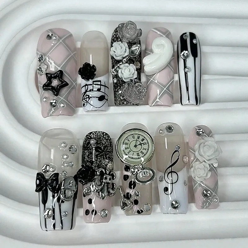Musiknoten Retro Vintage süße rosa französische handgemachte Press On Nails 3D Rose Bow Pearl Y2K Gyaru Fake Nails Long Coffin Nail Art
