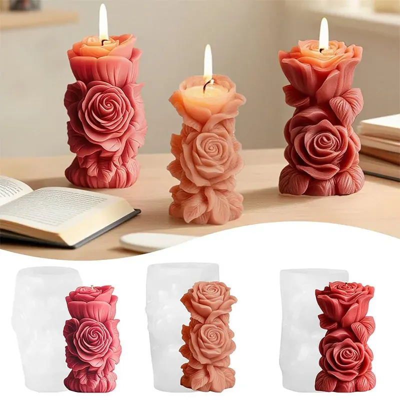 DIY Rosen-Säulenkerzenform aus Silikon 3D Geometrische Blumensäule Duftkerzen-Gips-Ornamentform Handgemachtes Geschenk Hochzeitsdekoration