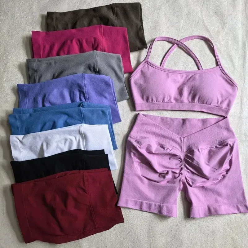 2-teiliger Yoga-Anzug für Damen, nahtloser Fitness-Anzug, Fitnessstudio-Kleidung, Sport-BH, Impact-Shorts-Set, Workout-Set, Fitnessstudio-Outfit