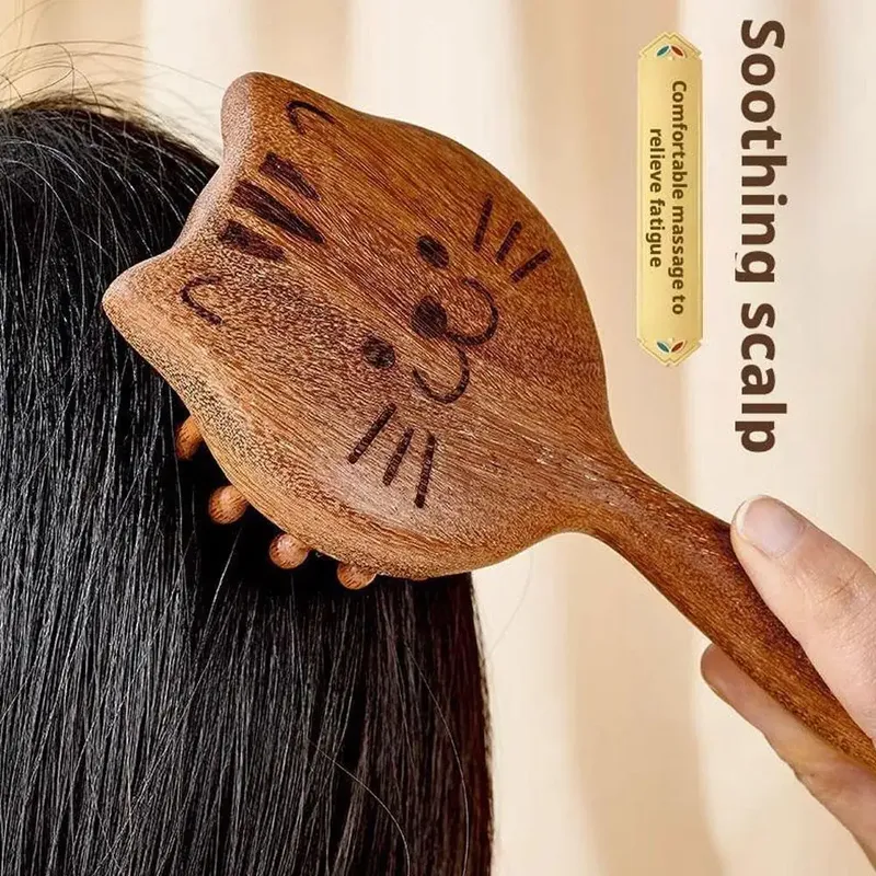 Katzenförmiger Sandelholzkamm, natürlicher Palisander-Haarkamm mit glatten Zähnen, antistatische Haarbürste für die Kopfhautmassage, Frauen und Mädchen