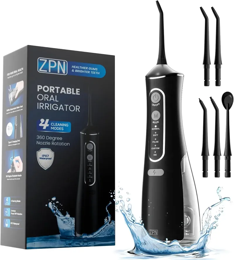 ZPN-Wasserflosser zur Zahnreinigung und Zahnseide mit 5 austauschbaren Düsenspitzen, IPX7 wasserdichter Wasserflosser, tragbar und wiederaufladbar