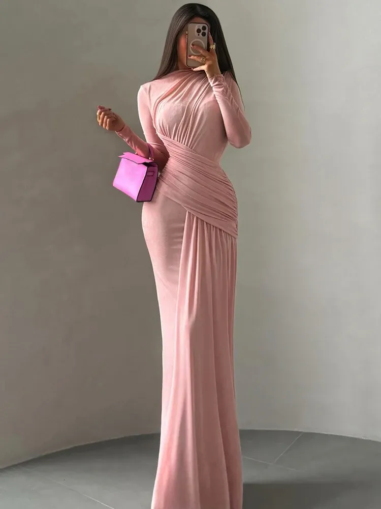 Nibber Falten Maxi Kleid Frauen oansatz Volle Hülse Solide Bankett Elegante Urlaub Mode Herbst Dünne Beiläufige Einfache Vestidos