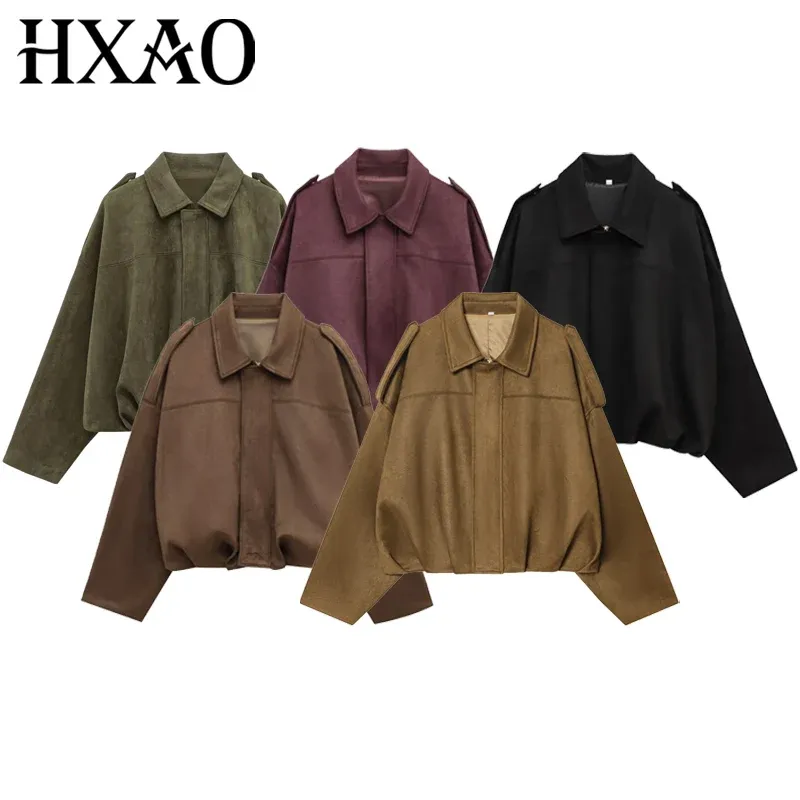 HXAO Wildleder-Kurzjacke für Damen, Bomberjacke, übergroße Fledermausärmel, Oberbekleidung, lässiger lockerer Mantel, Street-Style-Jacken