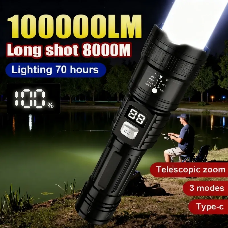 100000LM superhelle Taschenlampe, wiederaufladbare LED-Taschenlampe, große Reichweite, taktische Lampe für wasserdichte Camping-Angellaterne im Freien