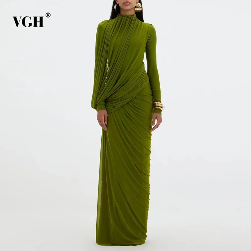 VGH Elegante Vintage-Kleider mit gespleißten Bändern für Damen, Rollkragen, lange Ärmel, unregelmäßige Falten, luxuriöses Abend-Maxikleid für Damen