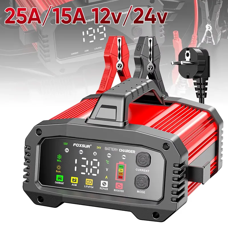 25A/15A 12V/24V Automatisches Autobatterie-Ladegerät mit intelligenter Impulsreparatur für AGM/Nass-Blei-Säure-Batterien mit Auto-Booster und 8-stufigem Ladevorgang