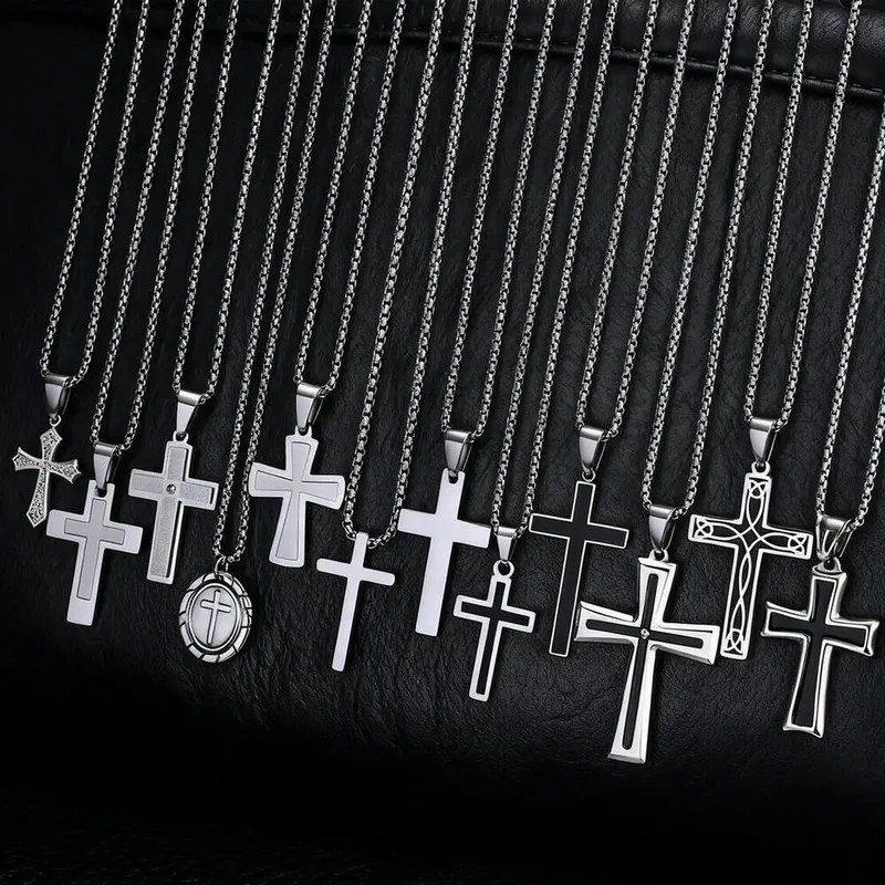 Schlichte Kreuz-Halskette für Männer und Jungen, Edelstahl-Kreuzanhänger in Silberfarbe, minimalistischer Punk-Religions-Schmuck, Geschenk für Vater und Sohn