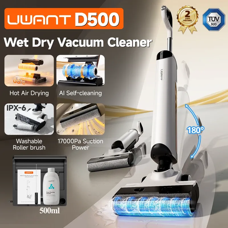 UWANT D500 Nass-Trockensauger 17000 Pa Saugkraft 180 ° Lay-Flat Akku-Mopp AI Selbstreinigend 65 ° C Trocknender dreiseitiger Rand
