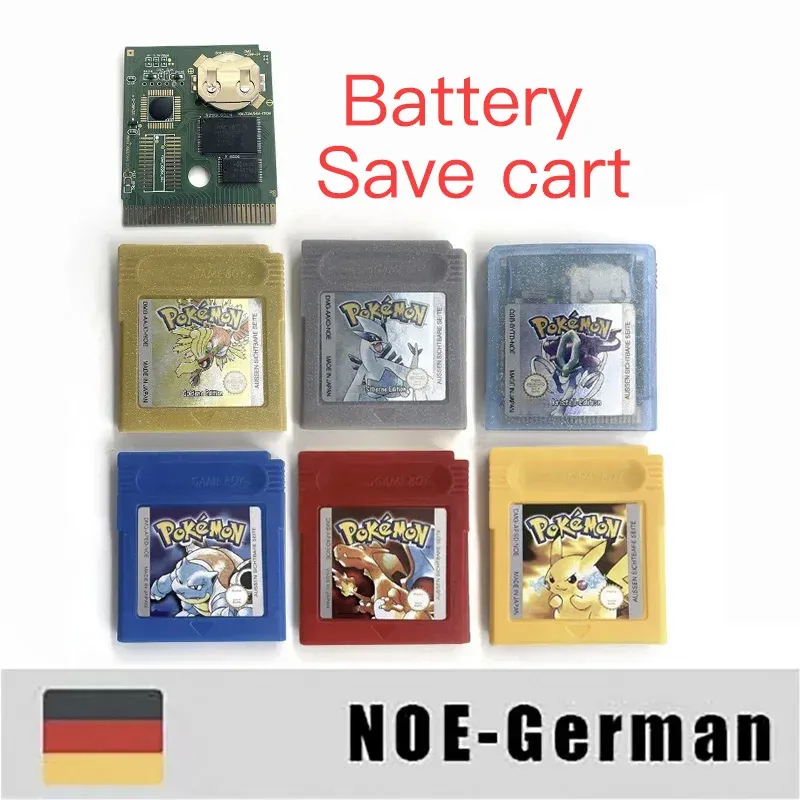NOE Deutsche Batterie-Sparmodul-Pokémon-Spielkassette Rot Blau Golden Silber Kristallgelb 16-Bit-Videospielkassette für GBC